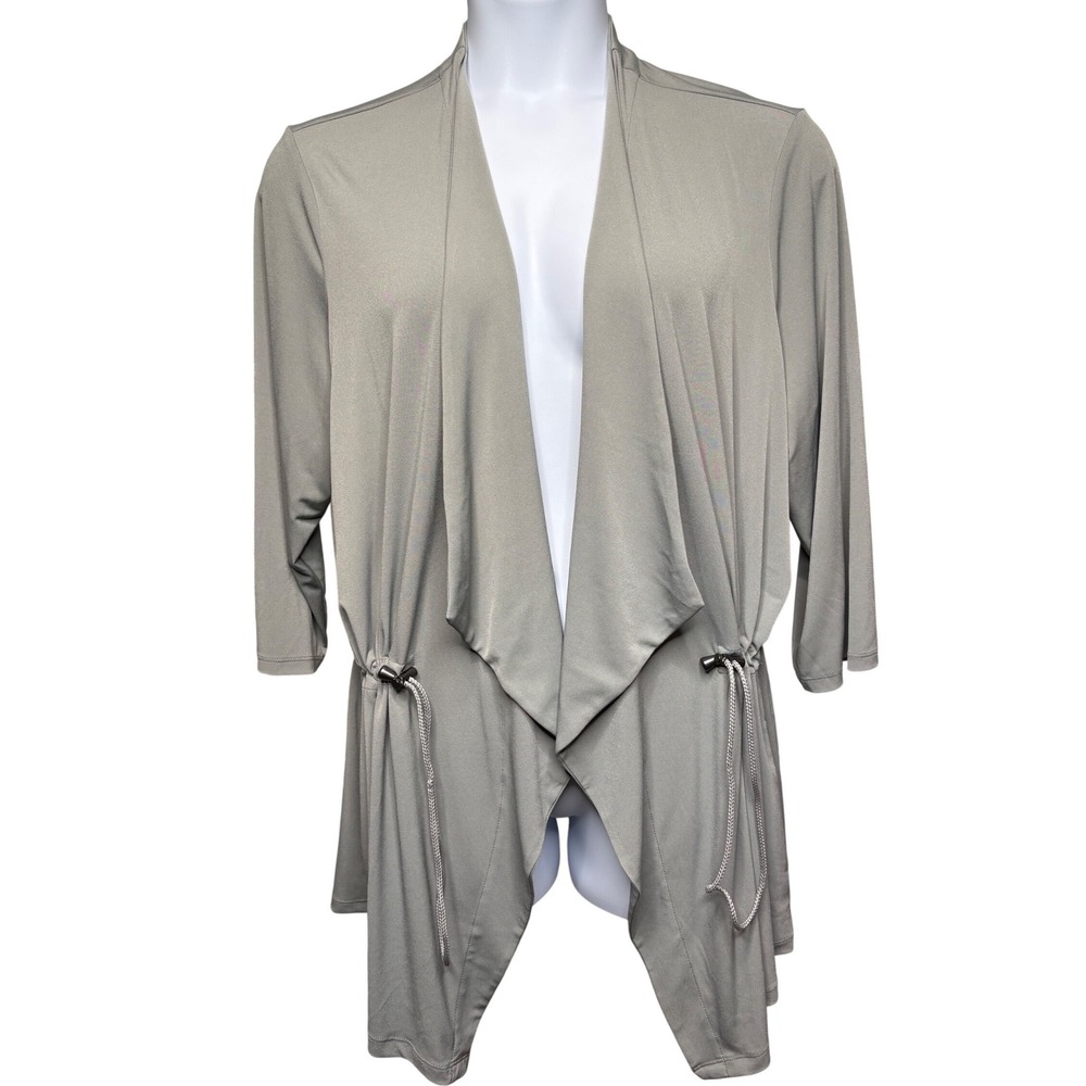 SUSAN GRAVER Womens Gray Liquid Knit Drawstring Open Front Cardigan 2X Flowy